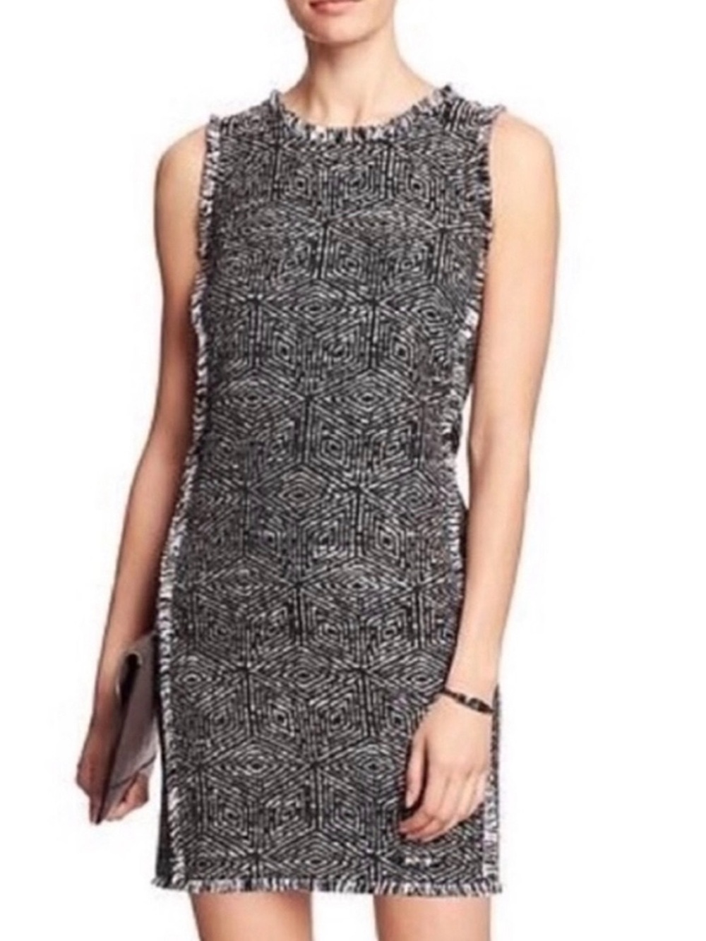 Banana Republic Black and White Tweed Fringe Trim Dress